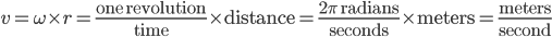 v = \omega \times r = \frac{\text{one revolution}}{\text{time}} \times\text{distance} = \frac{2 \pi \text{ radians}}{\text{seconds}} \times \text{meters} = \frac{\text{meters}}{\text{second}} 