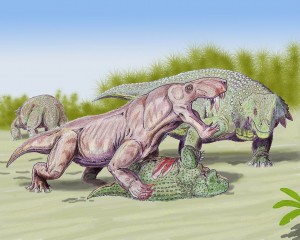 Gorgonopsid eating an anapsid, Scutosaurus. Image credit: Dmitry Bogdanov