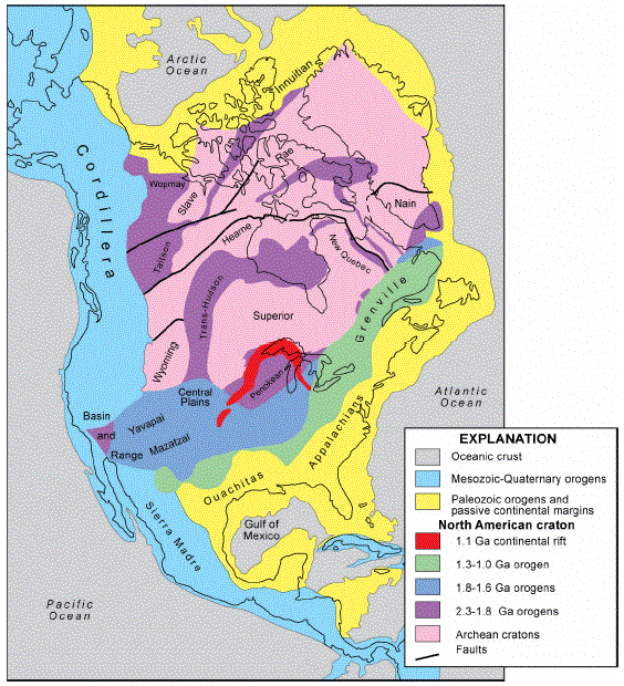 Map of North American showing the geology of the North American craton underlying the sedimentary rocks that cover much of the continent. Modified from Hoffman (1989). Image credit: http://home.hiroshima-u.ac.jp/er/Rmin_EG_KS_01_US.html 